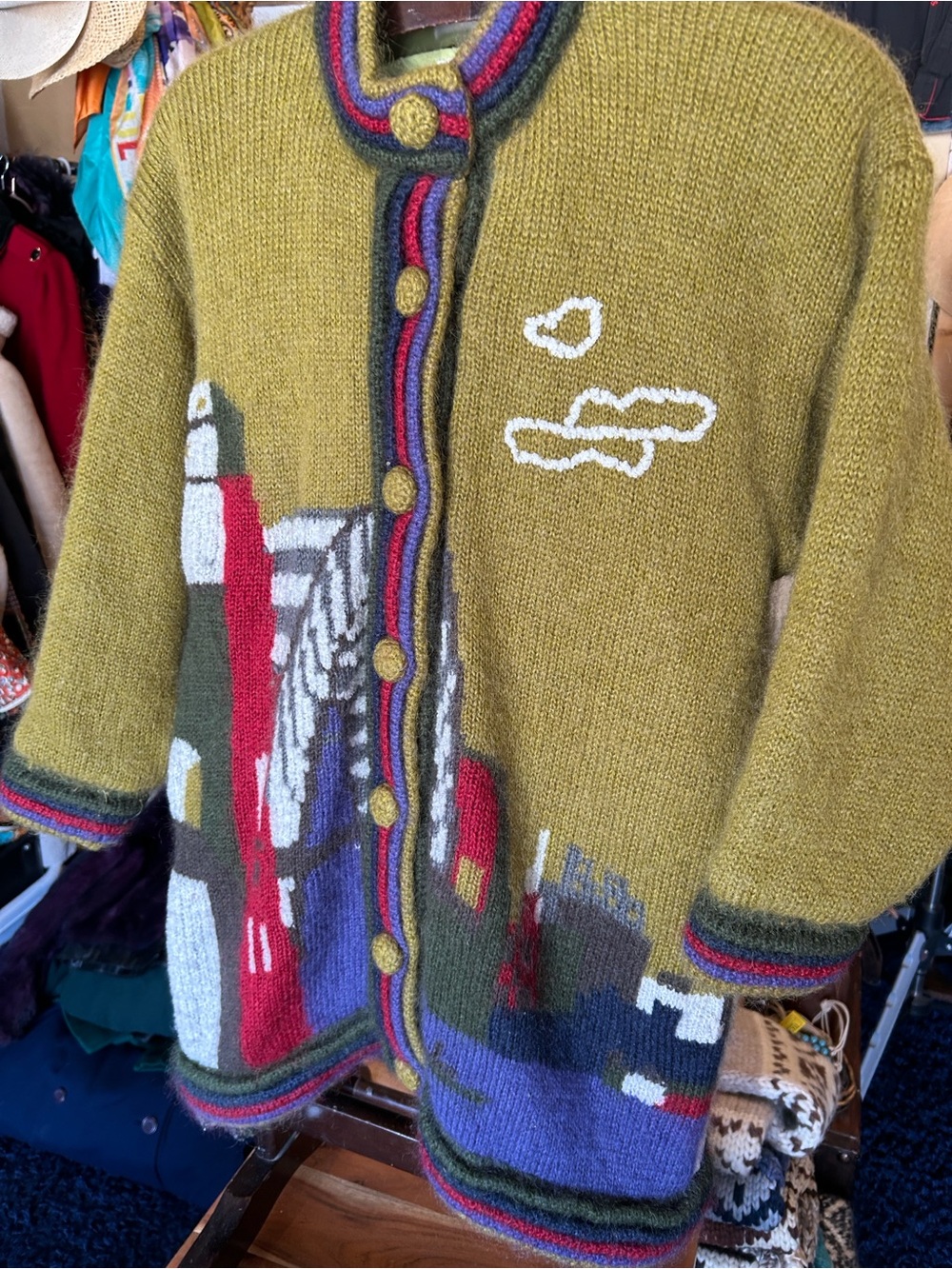 Vintage Olive Green Scenic Knit Button-Front Sweater Jacket - Picture 6 of 12